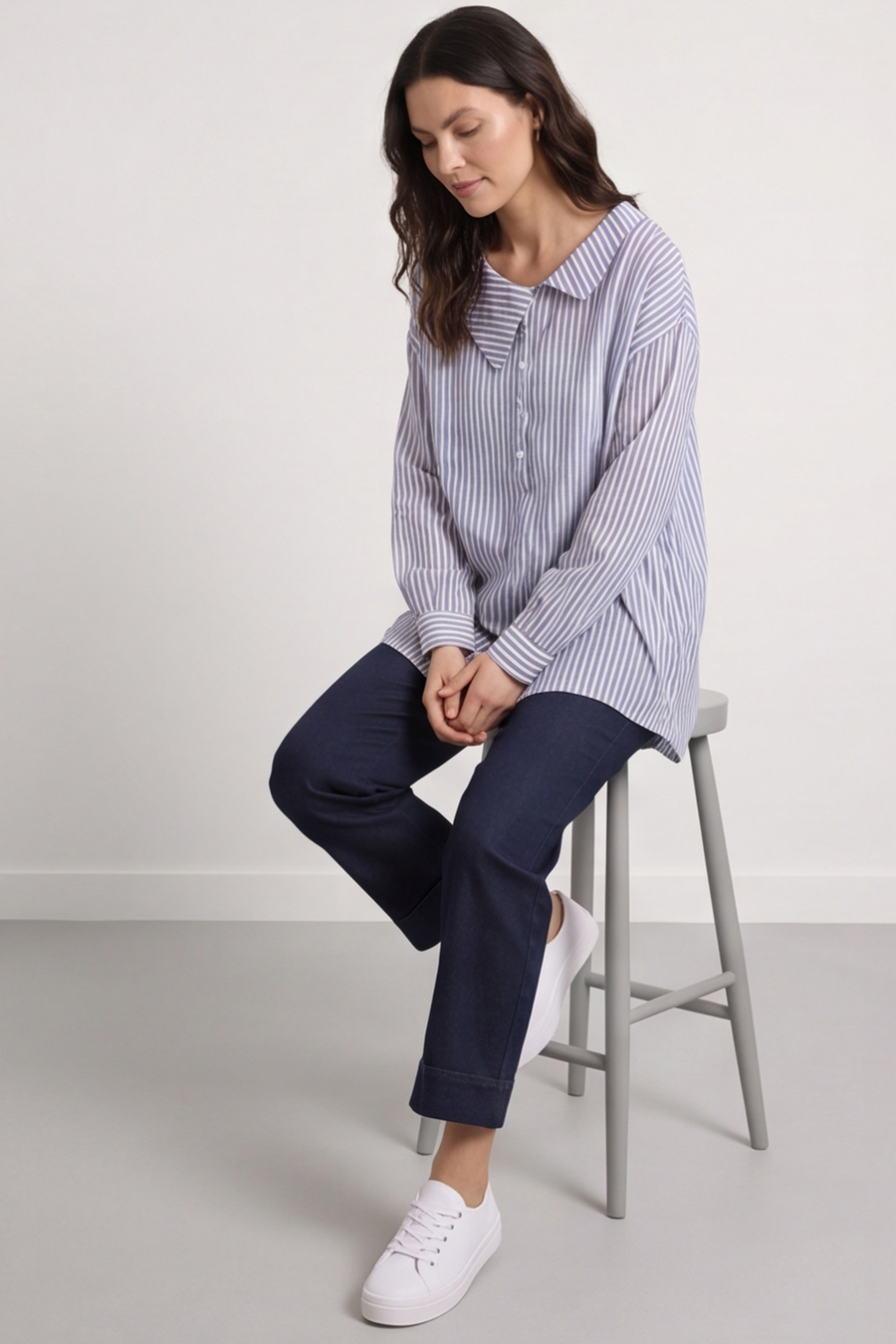 Amaya Stripe Collared Button Cotton Top Blue