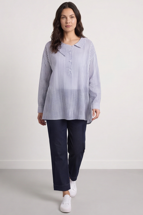 Amaya Stripe Collared Button Cotton Top Blue - Image 4