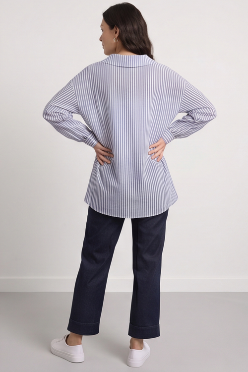 Amaya Stripe Collared Button Cotton Top Blue - Image 3