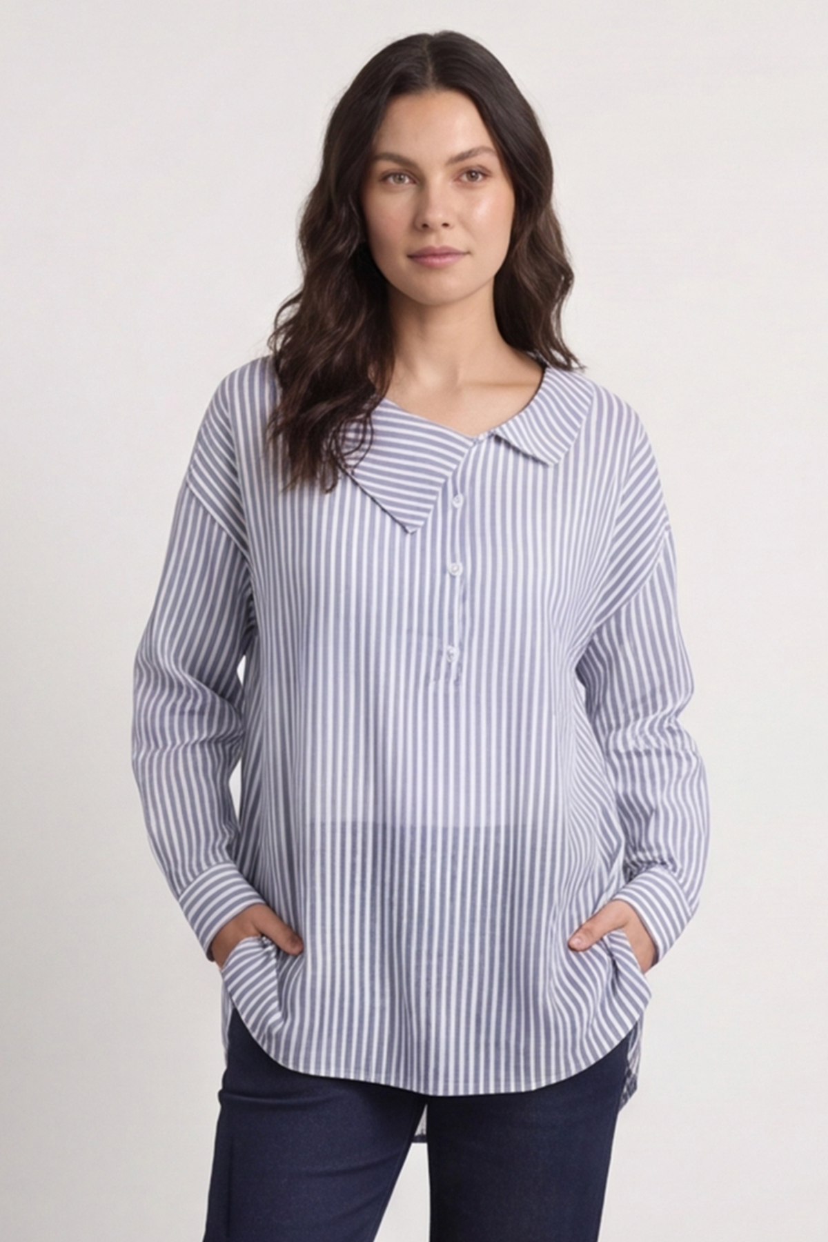 Amaya Stripe Collared Button Cotton Top Blue