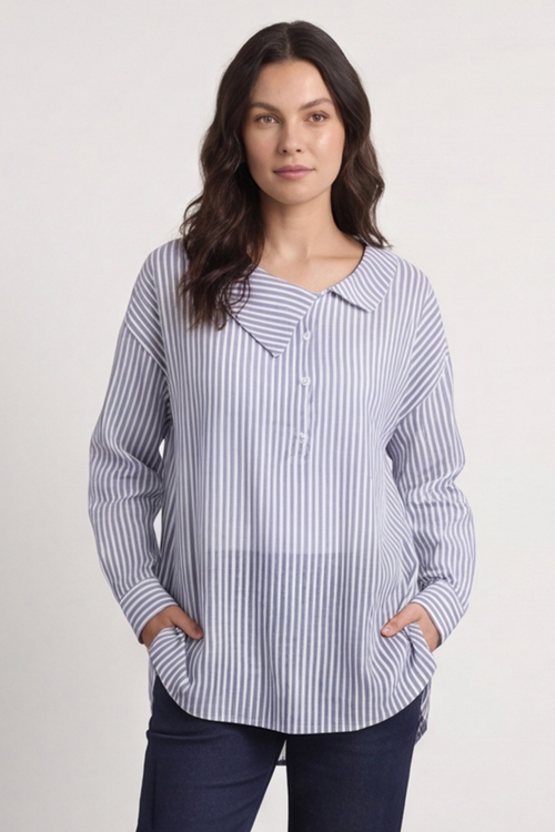 Amaya Stripe Collared Button Cotton Top Blue - Image 5