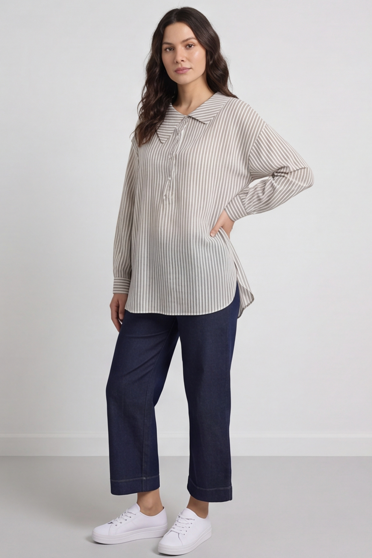 Amaya Stripe Collared Button Cotton Top Khaki