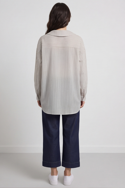 Amaya Stripe Collared Button Cotton Top Khaki - Image 3
