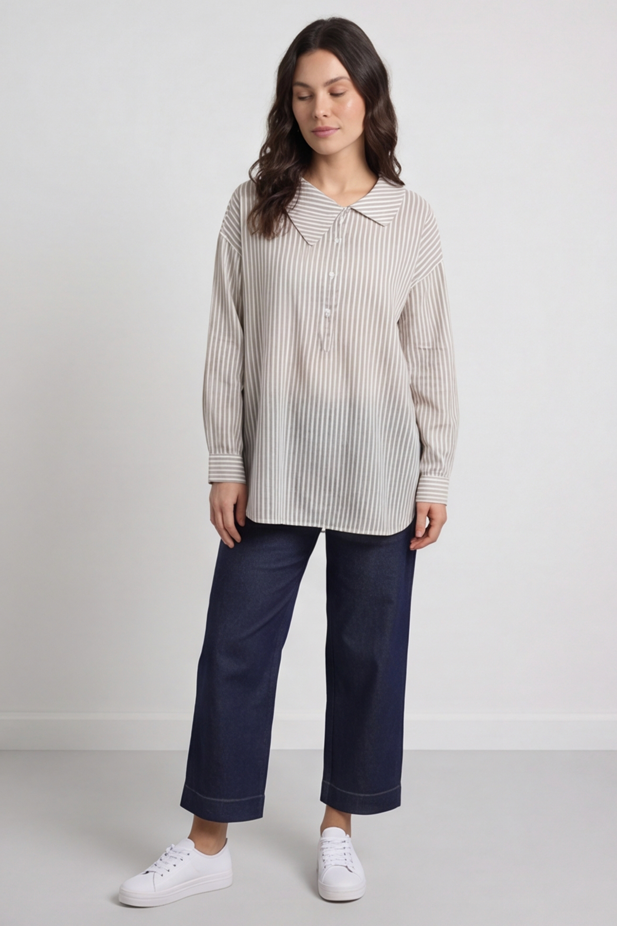 Amaya Stripe Collared Button Cotton Top Khaki