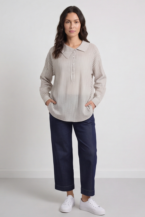 Amaya Stripe Collared Button Cotton Top Khaki - Image 5