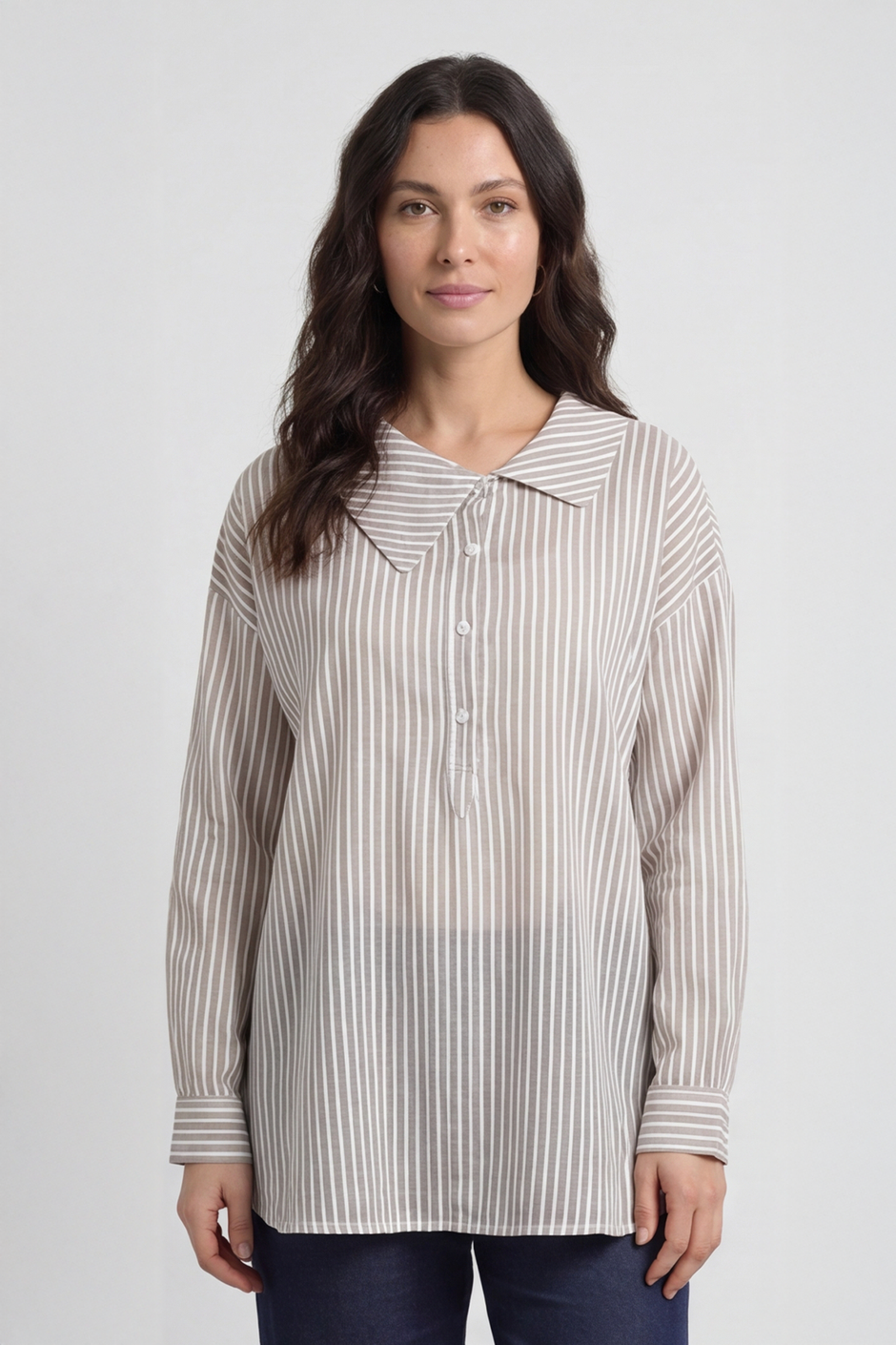 Amaya Stripe Collared Button Cotton Top Khaki