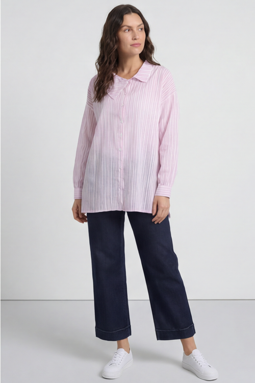 Amaya Stripe Collared Button Cotton Top Pink - Image 3