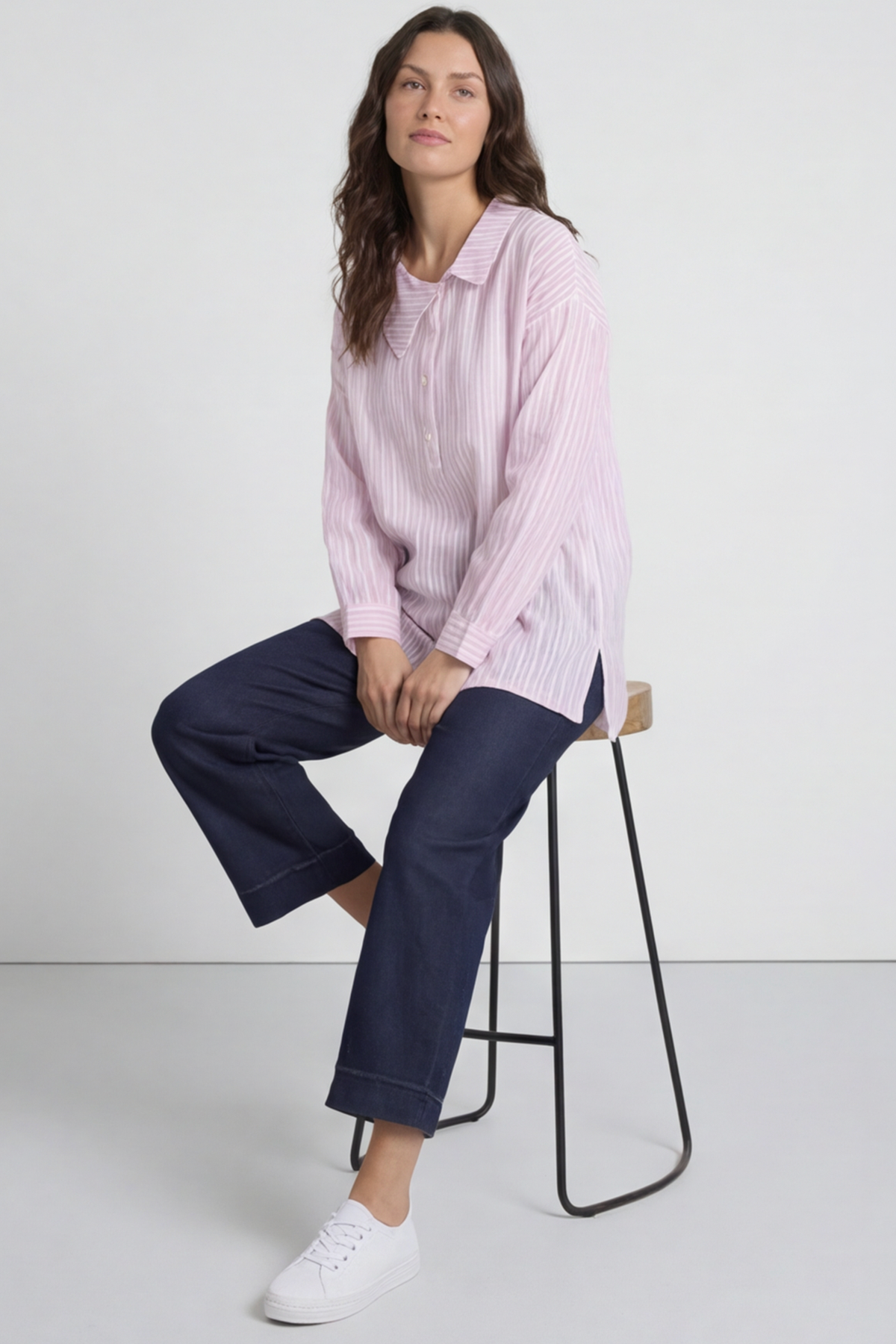 Amaya Stripe Collared Button Cotton Top Pink