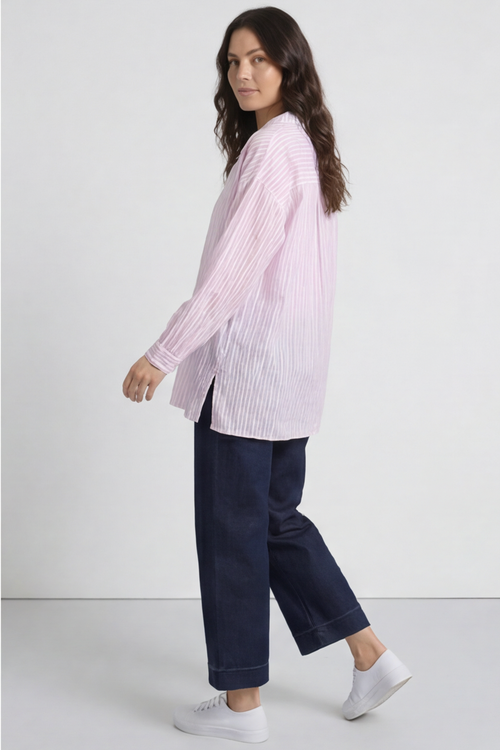 Amaya Stripe Collared Button Cotton Top Pink - Image 5