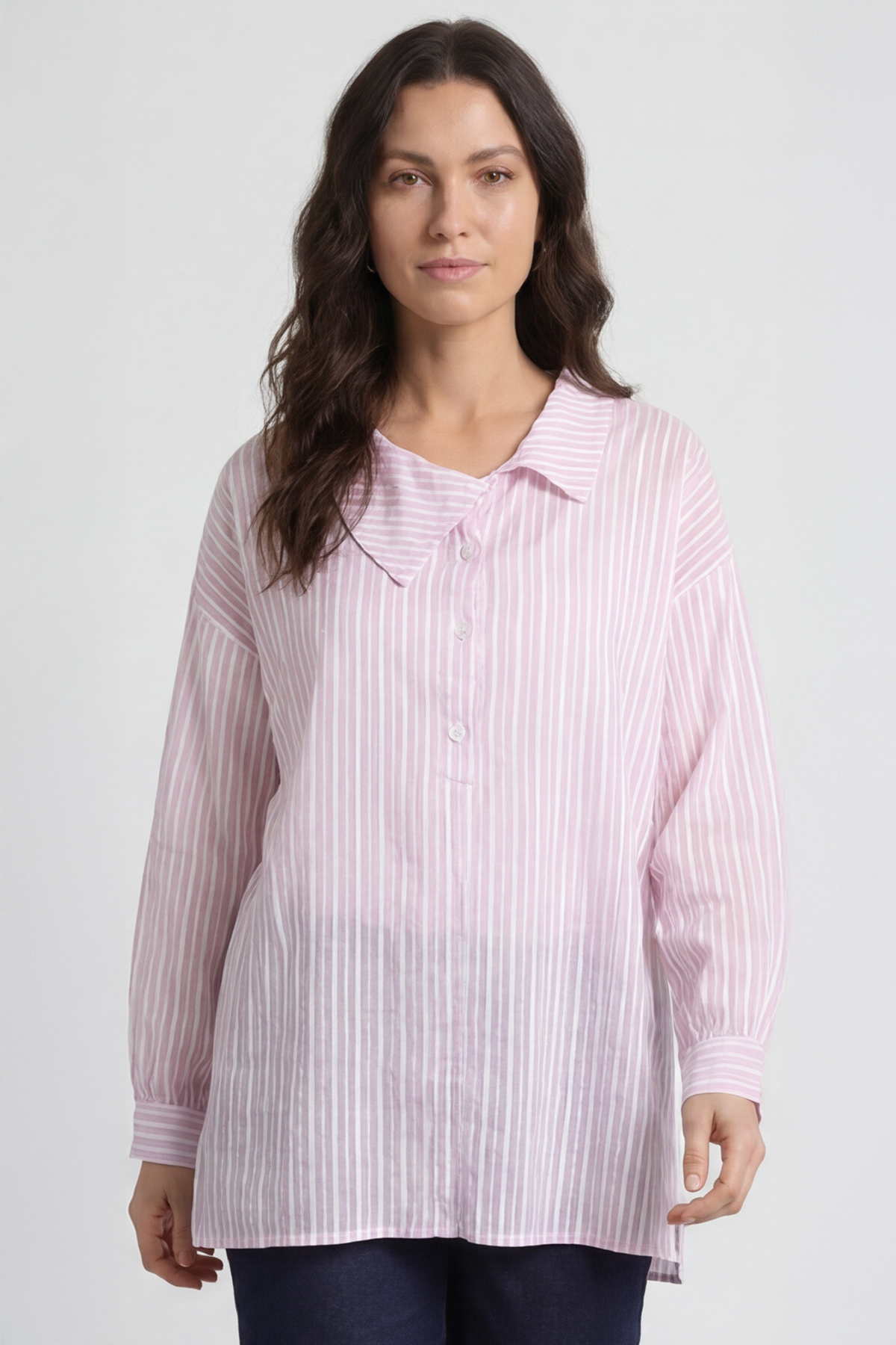 Amaya Stripe Collared Button Cotton Top Pink