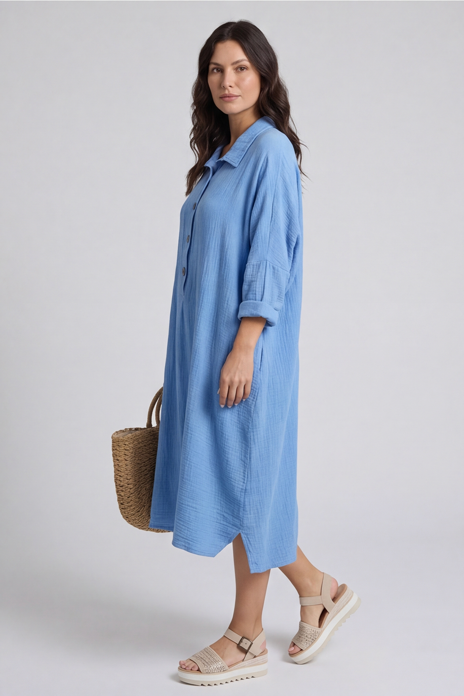 Amina Crinkle Cotton Dress Powder Blue