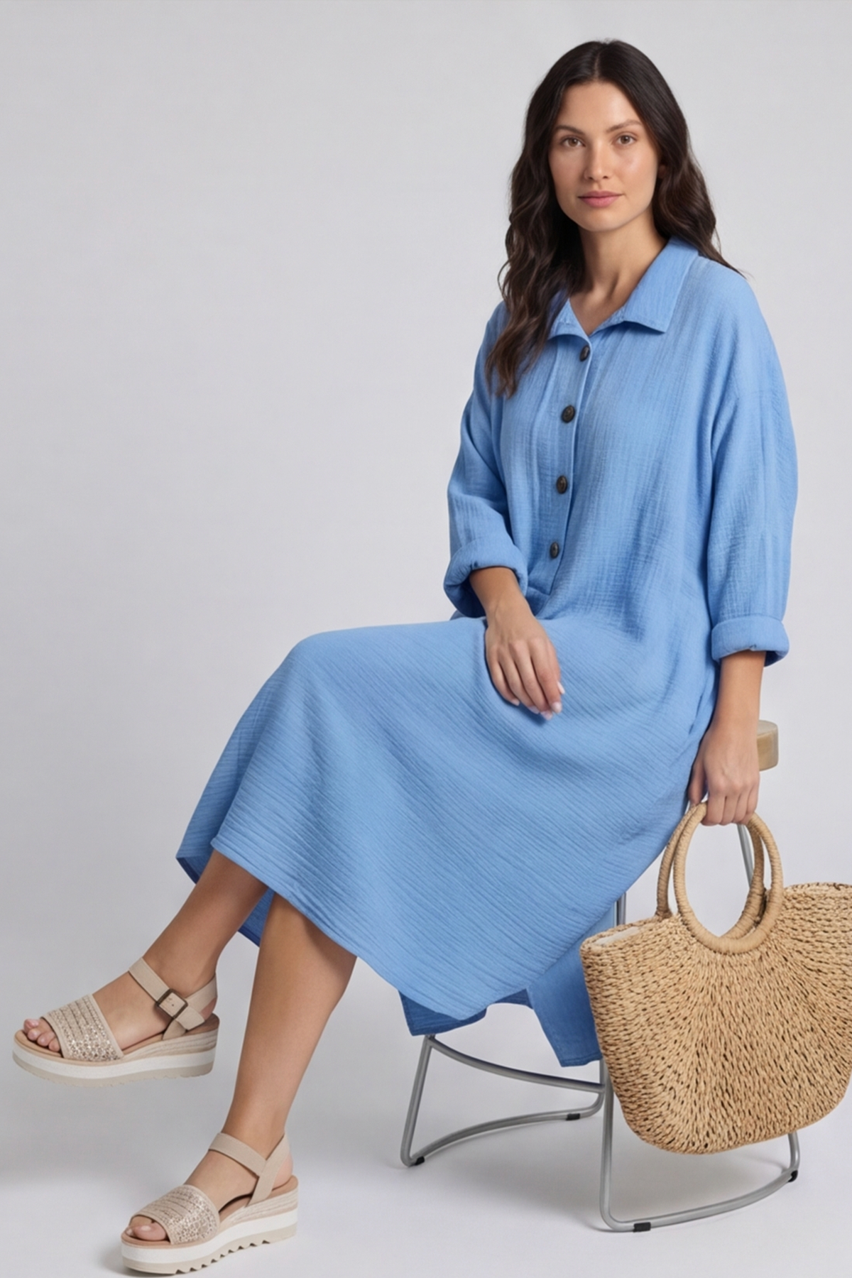 Amina Crinkle Cotton Dress Powder Blue