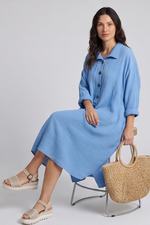 Amina Crinkle Cotton Dress Powder Blue - Image 3
