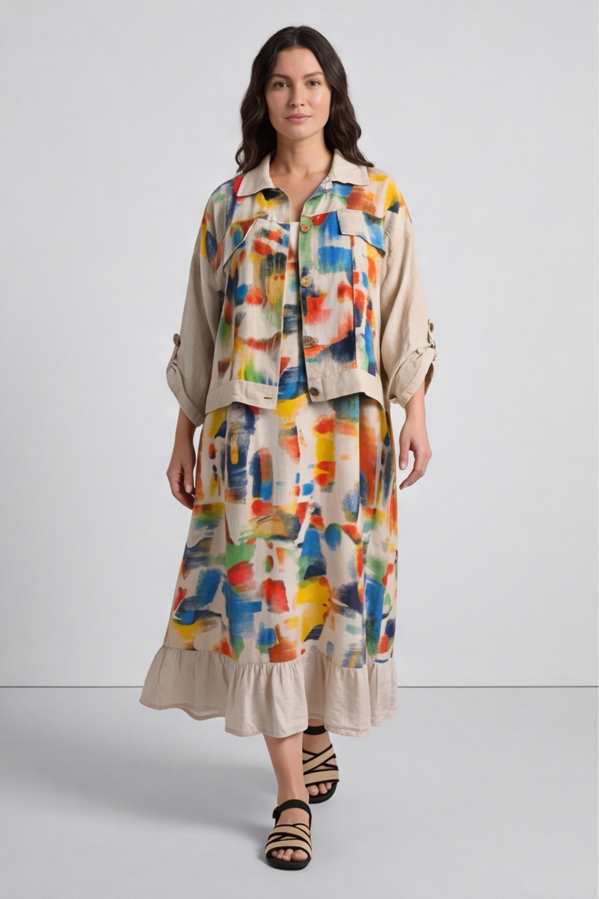 Ariella Linen Dress and Jacket Set Stone