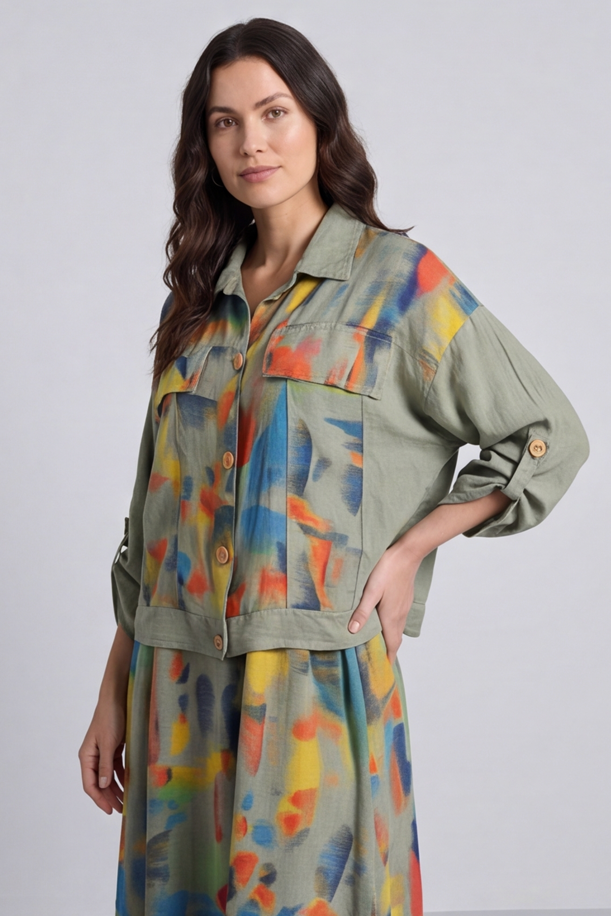 Ariella Linen Dress and Jacket Set Khaki
