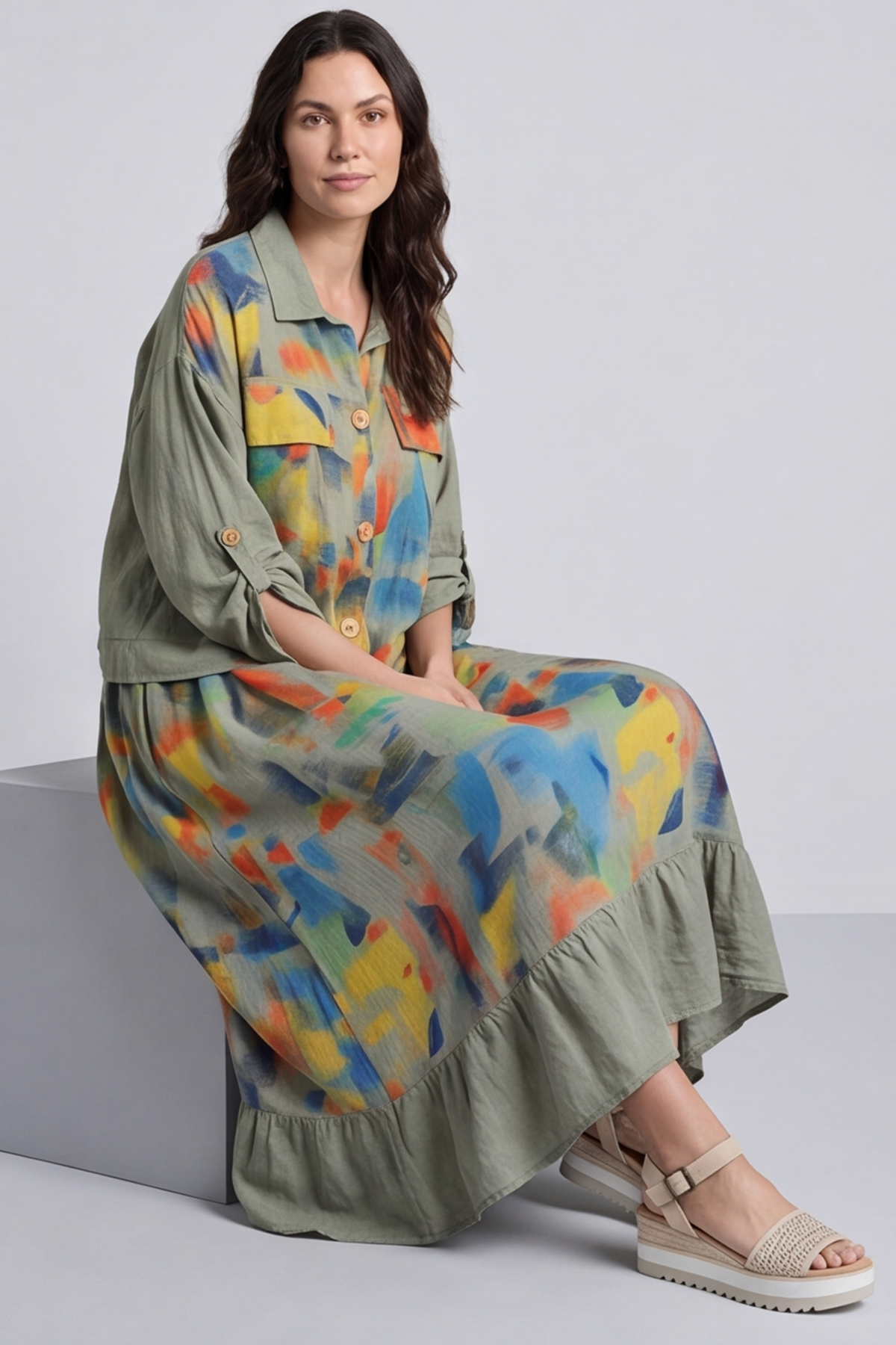 Ariella Linen Dress and Jacket Set Khaki
