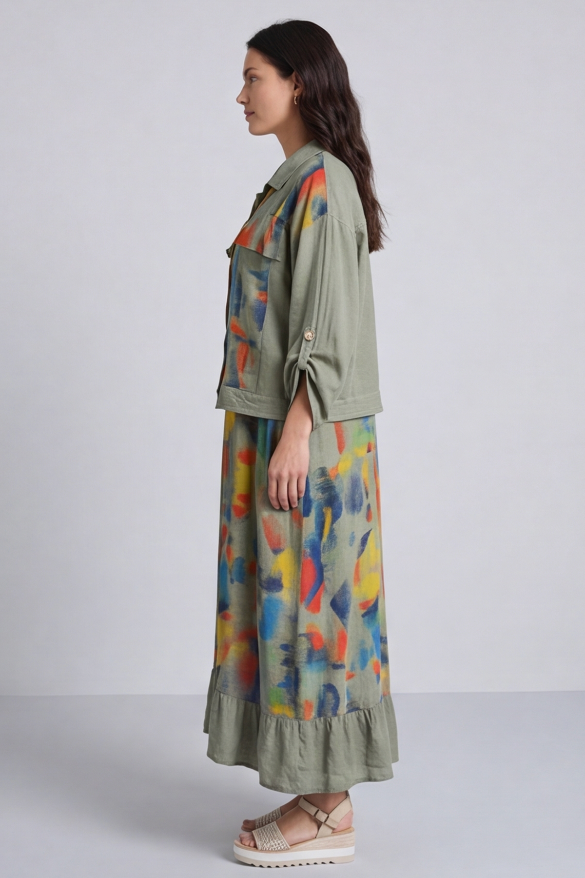 Ariella Linen Dress and Jacket Set Khaki