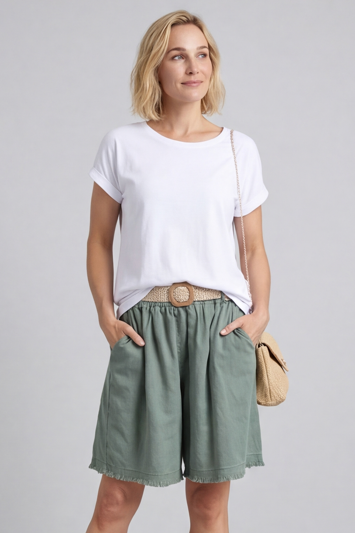 Avery Belted Linen Shorts Khaki