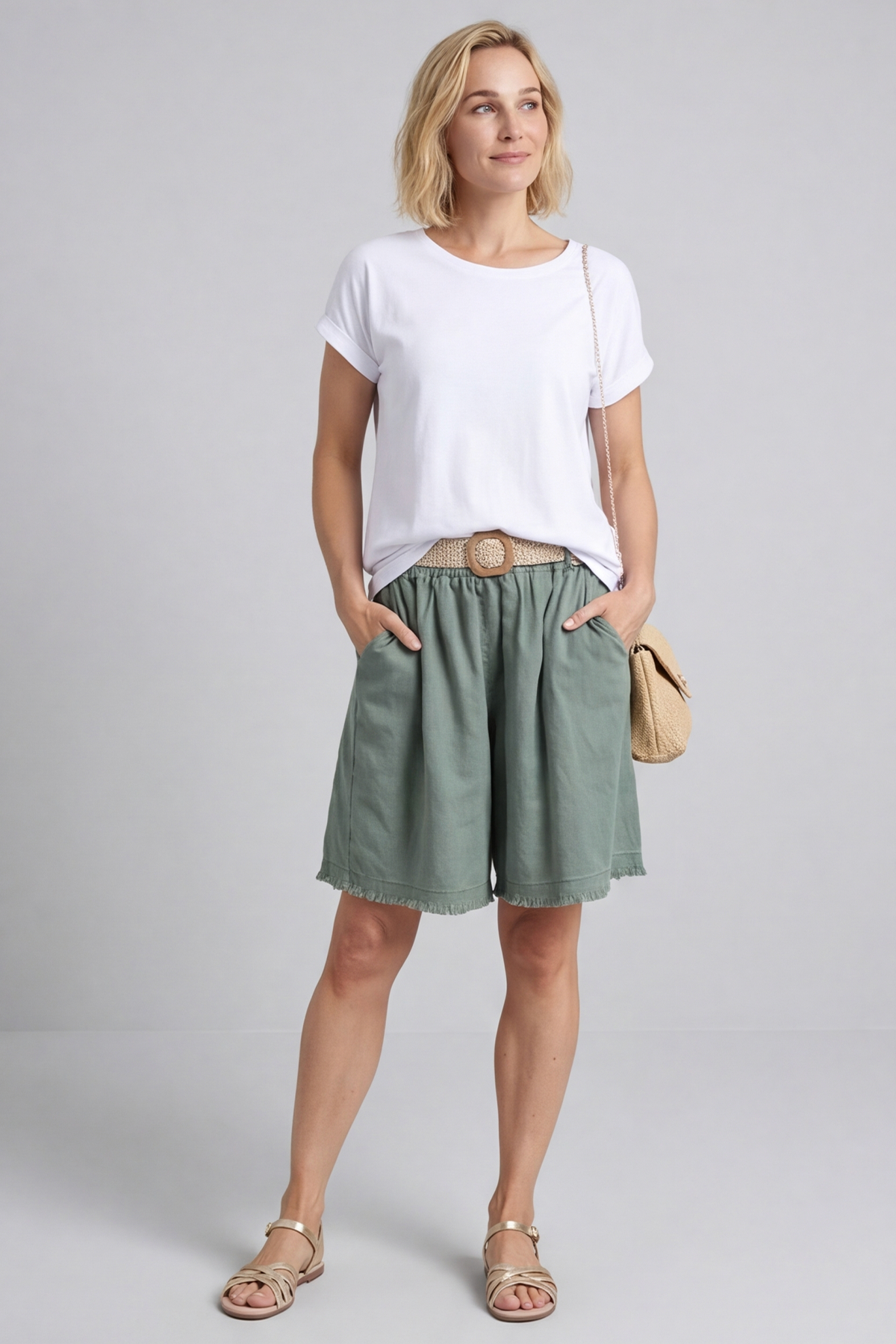 Avery Belted Linen Shorts Khaki