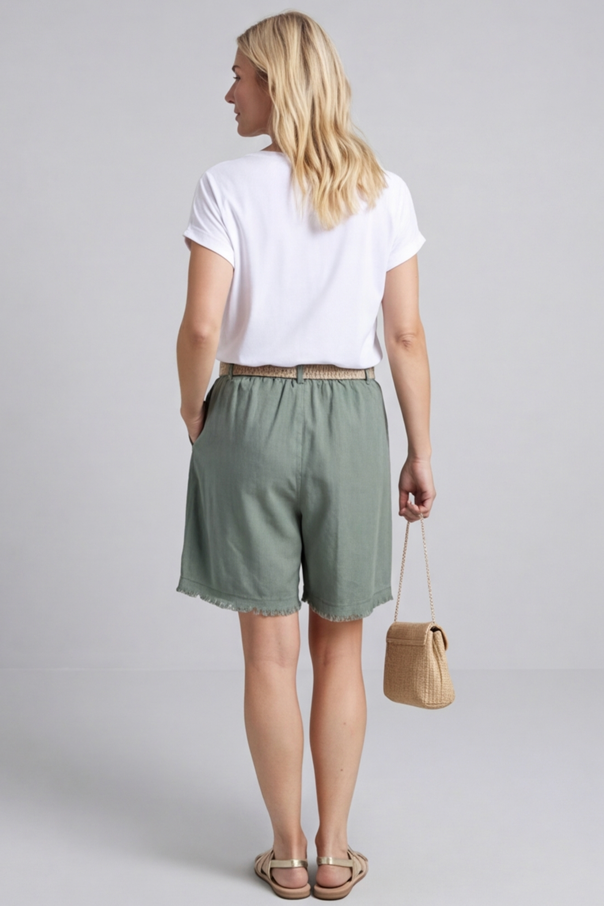 Avery Belted Linen Shorts Khaki