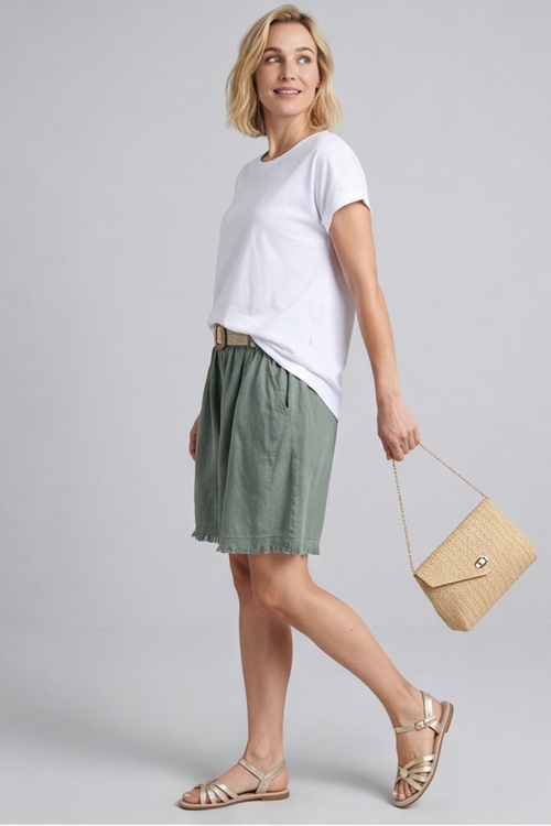 Avery Belted Linen Shorts Khaki - Image 2