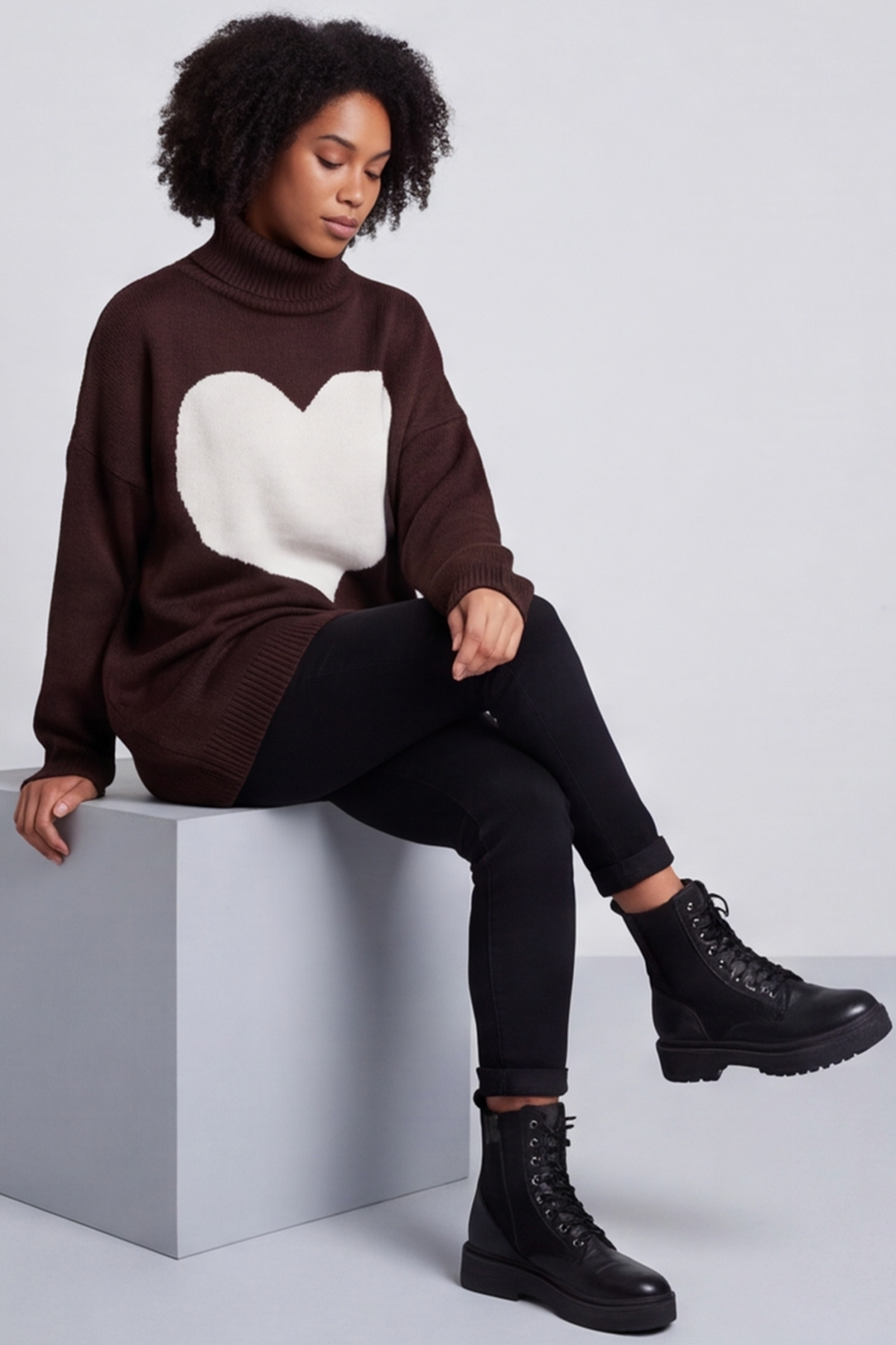 Azura Heart Polo Neck Jumper Cocoa