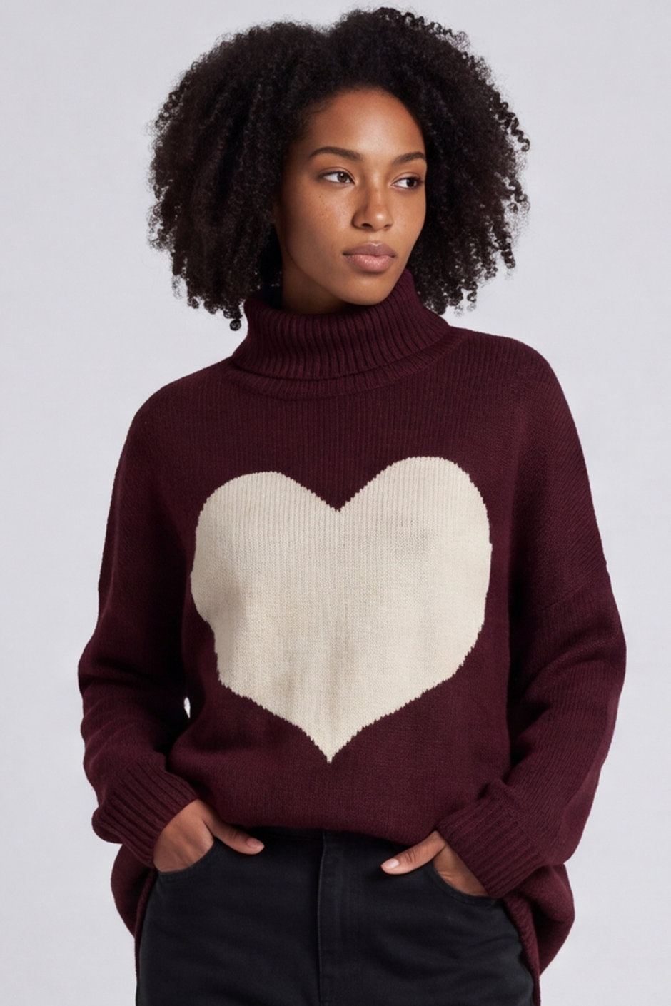 Azura Heart Polo Neck Jumper Wine