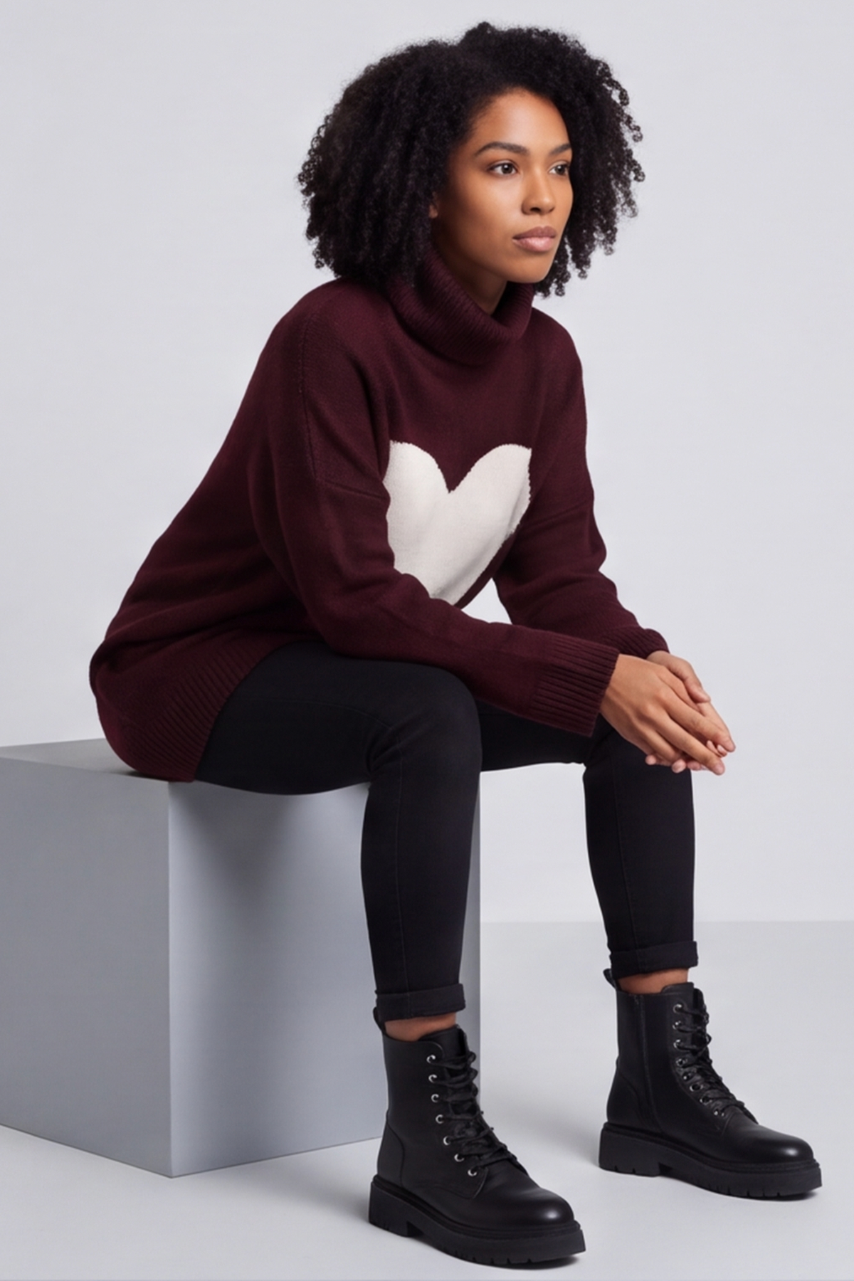 Azura Heart Polo Neck Jumper Wine