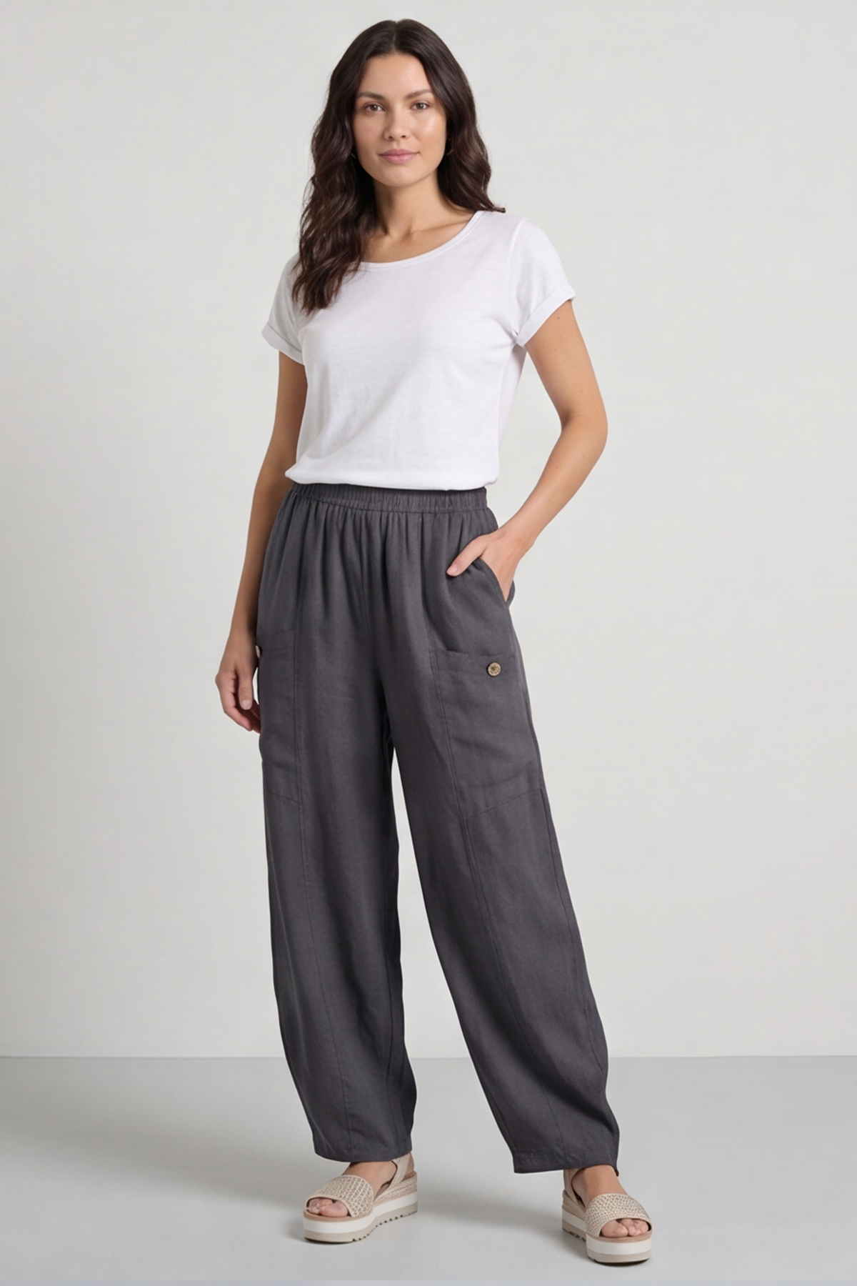 Clarisse Button Pocket Linen Trousers Charcoal
