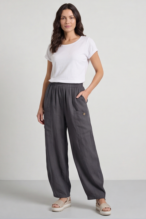 Clarisse Button Pocket Linen Trousers Charcoal - Image 2