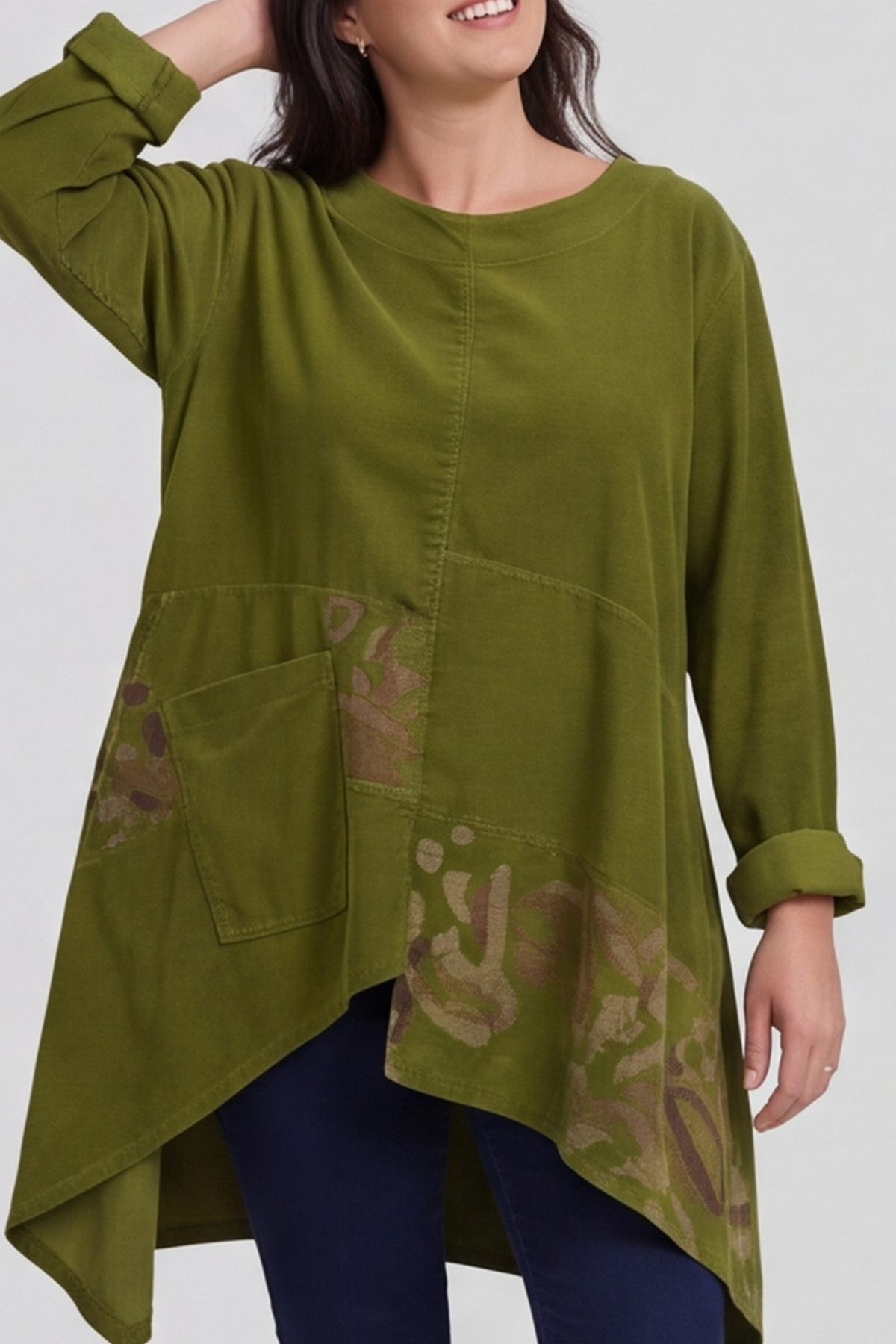 Berenice Print Detail Needlecord Top Olive