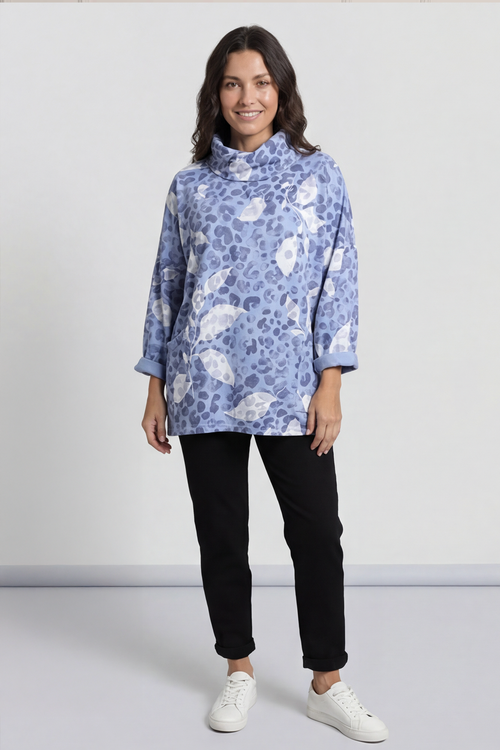 Beryl Print Cowl Neck Cotton Top Powder Blue - Image 2