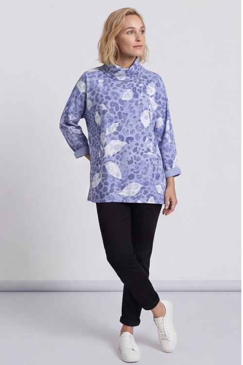 Beryl Print Cowl Neck Cotton Top Powder Blue - Image 2