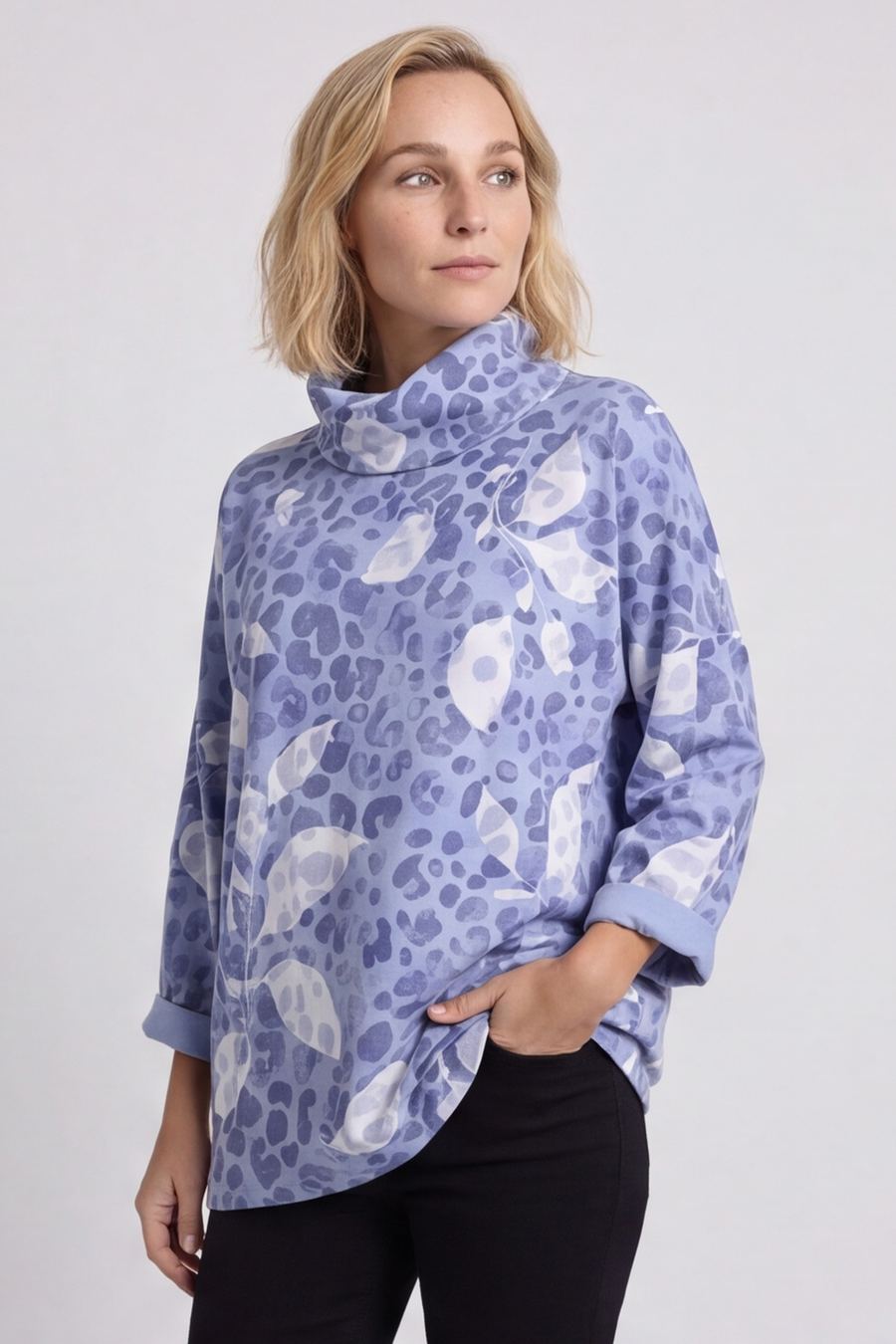 Beryl Print Cowl Neck Cotton Top Powder Blue