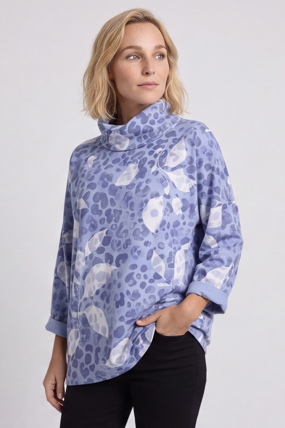 Beryl Print Cowl Neck Cotton Top Powder Blue
