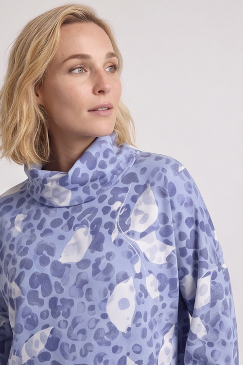 Beryl Print Cowl Neck Cotton Top Powder Blue - Image 3
