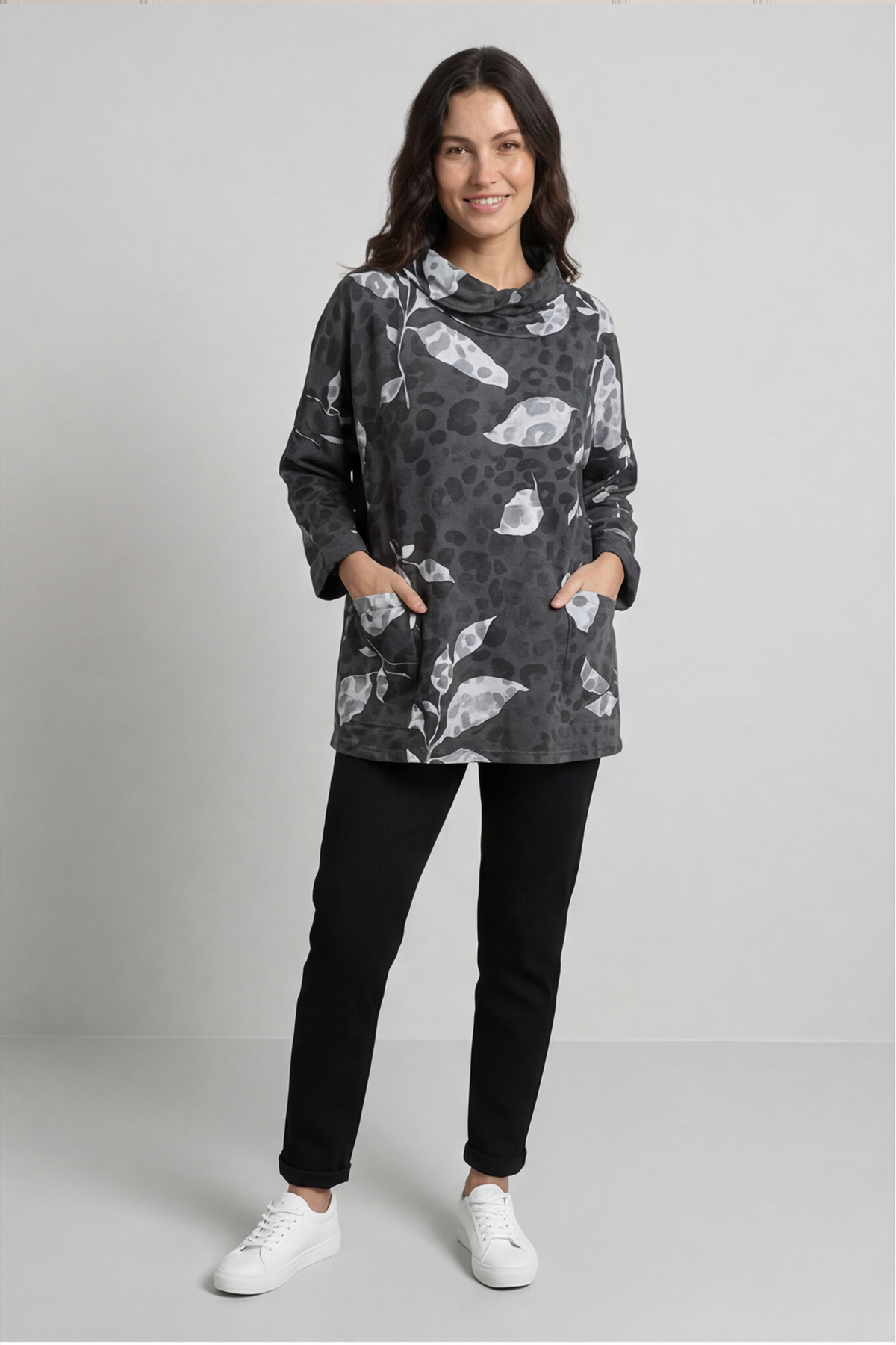 Beryl Print Cowl Neck Cotton Top Charcoal