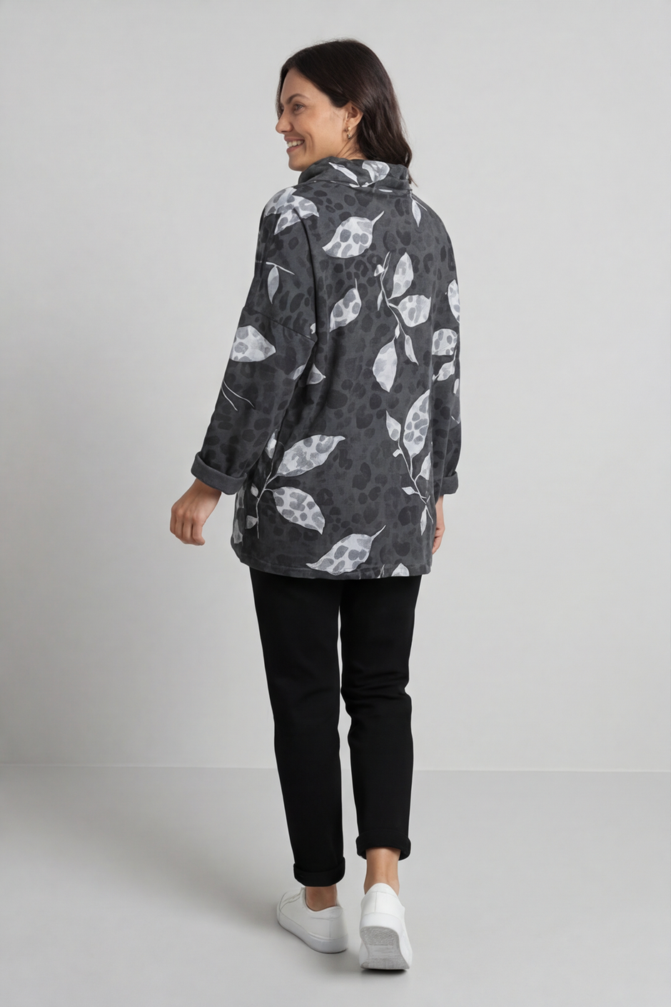 Beryl Print Cowl Neck Cotton Top Charcoal