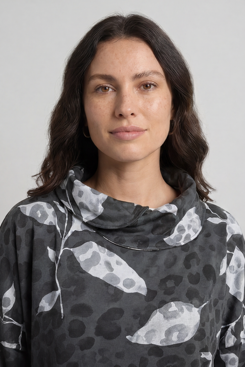 Beryl Print Cowl Neck Cotton Top Charcoal - Image 4