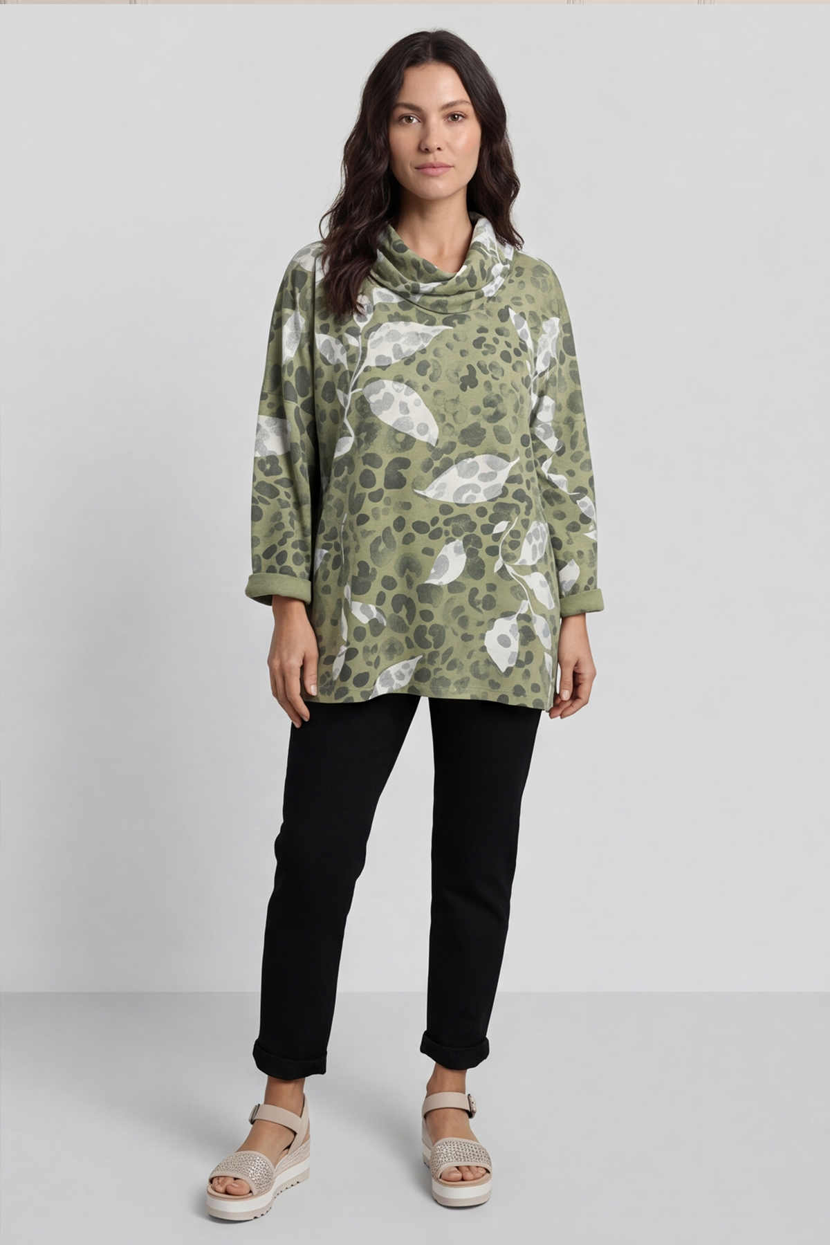 Beryl Print Cowl Neck Cotton Top Green