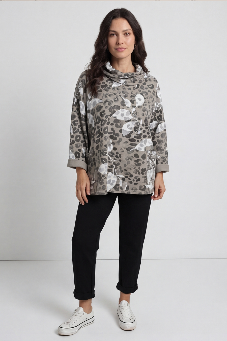 Beryl Print Cowl Neck Cotton Top Mocha