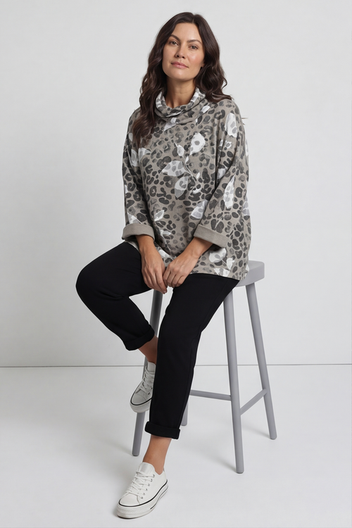 Beryl Print Cowl Neck Cotton Top Mocha - Image 3