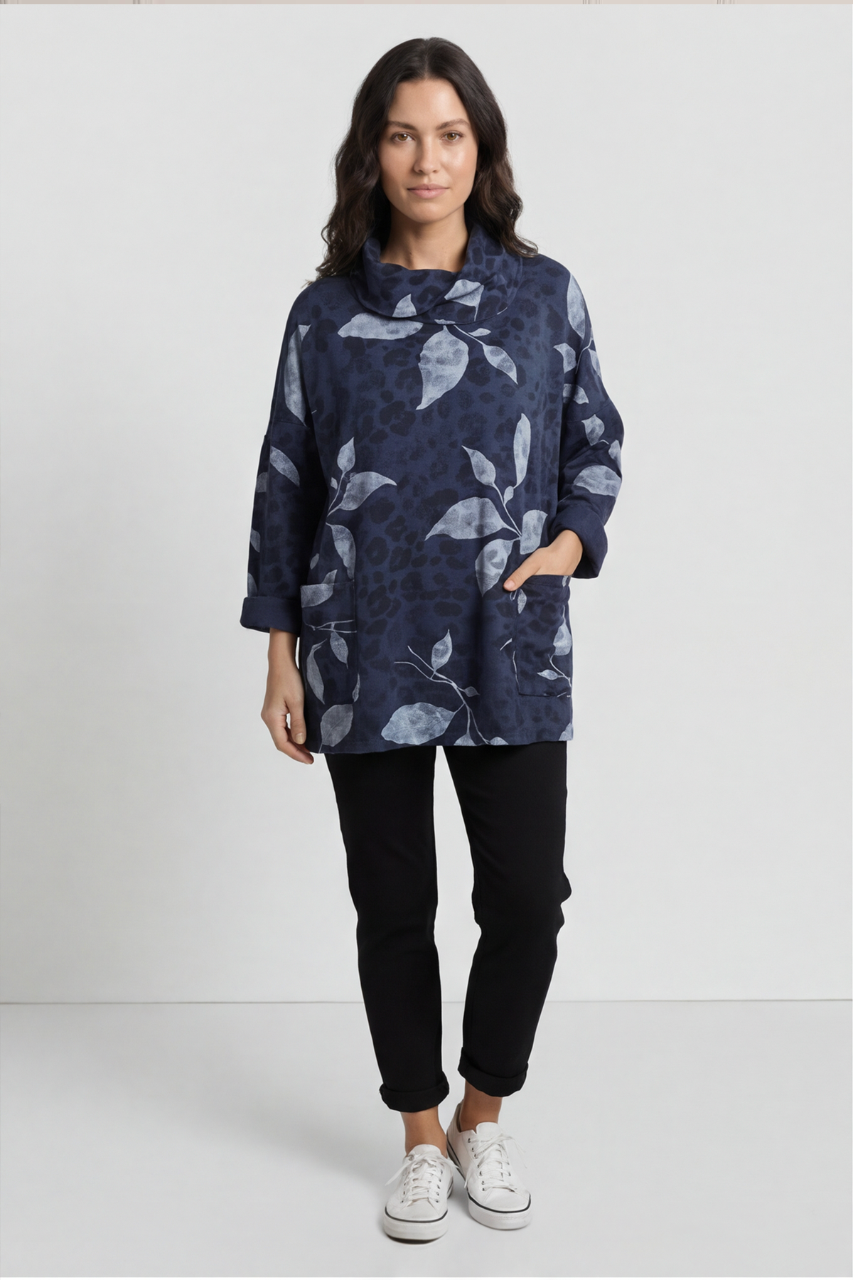 Beryl Print Cowl Neck Cotton Top Navy