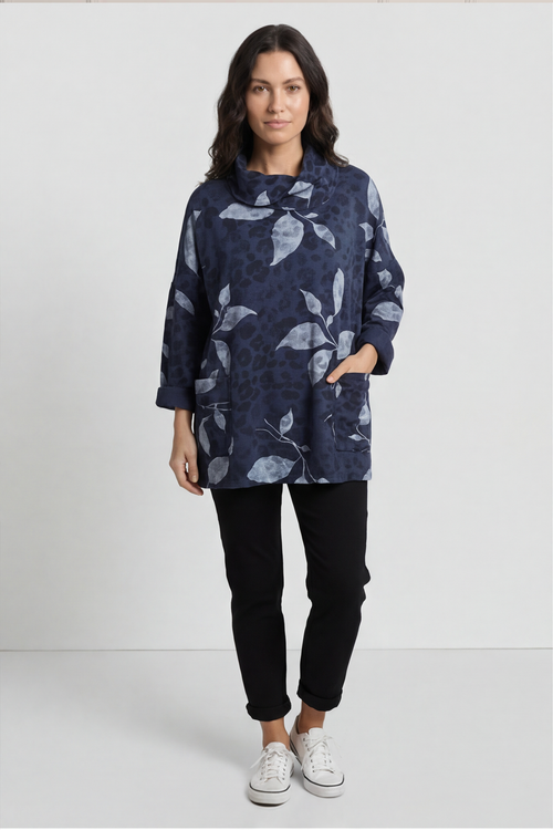 Beryl Print Cowl Neck Cotton Top Navy - Image 3