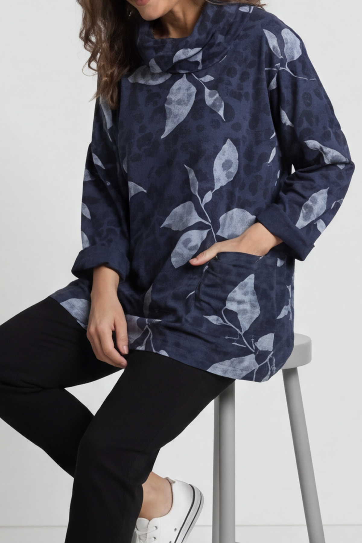 Beryl Print Cowl Neck Cotton Top Navy