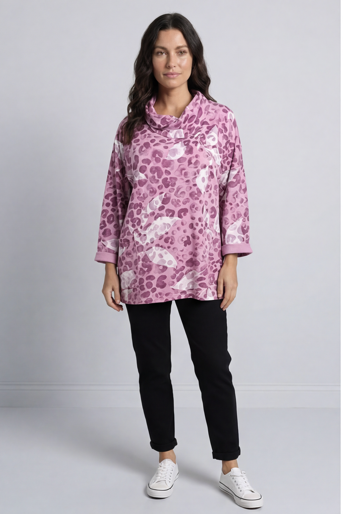 Beryl Print Cowl Neck Cotton Top Pink