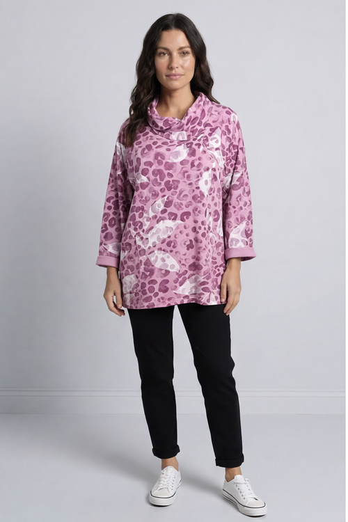 Beryl Print Cowl Neck Cotton Top Pink - Image 2