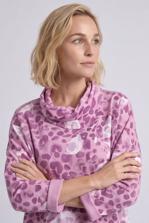 Beryl Print Cowl Neck Cotton Top Pink - Image 2