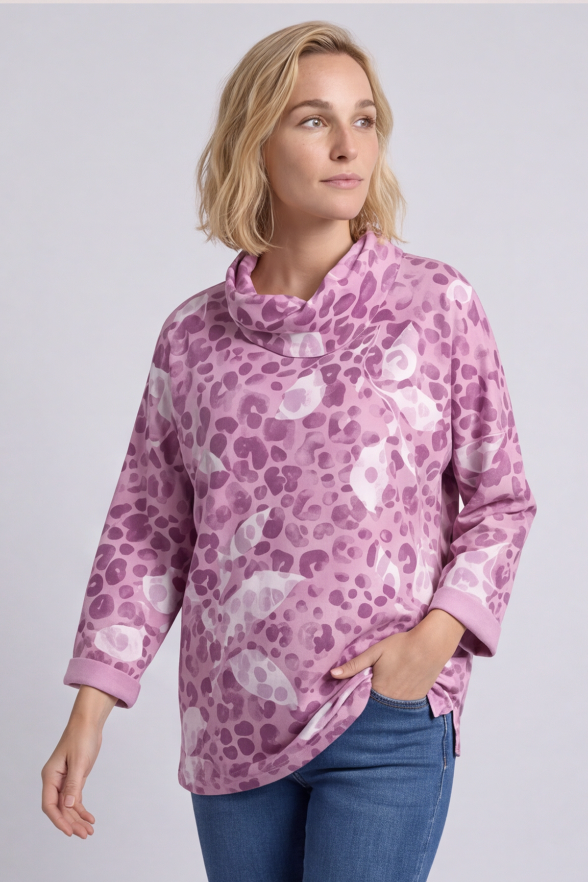 Beryl Print Cowl Neck Cotton Top Pink