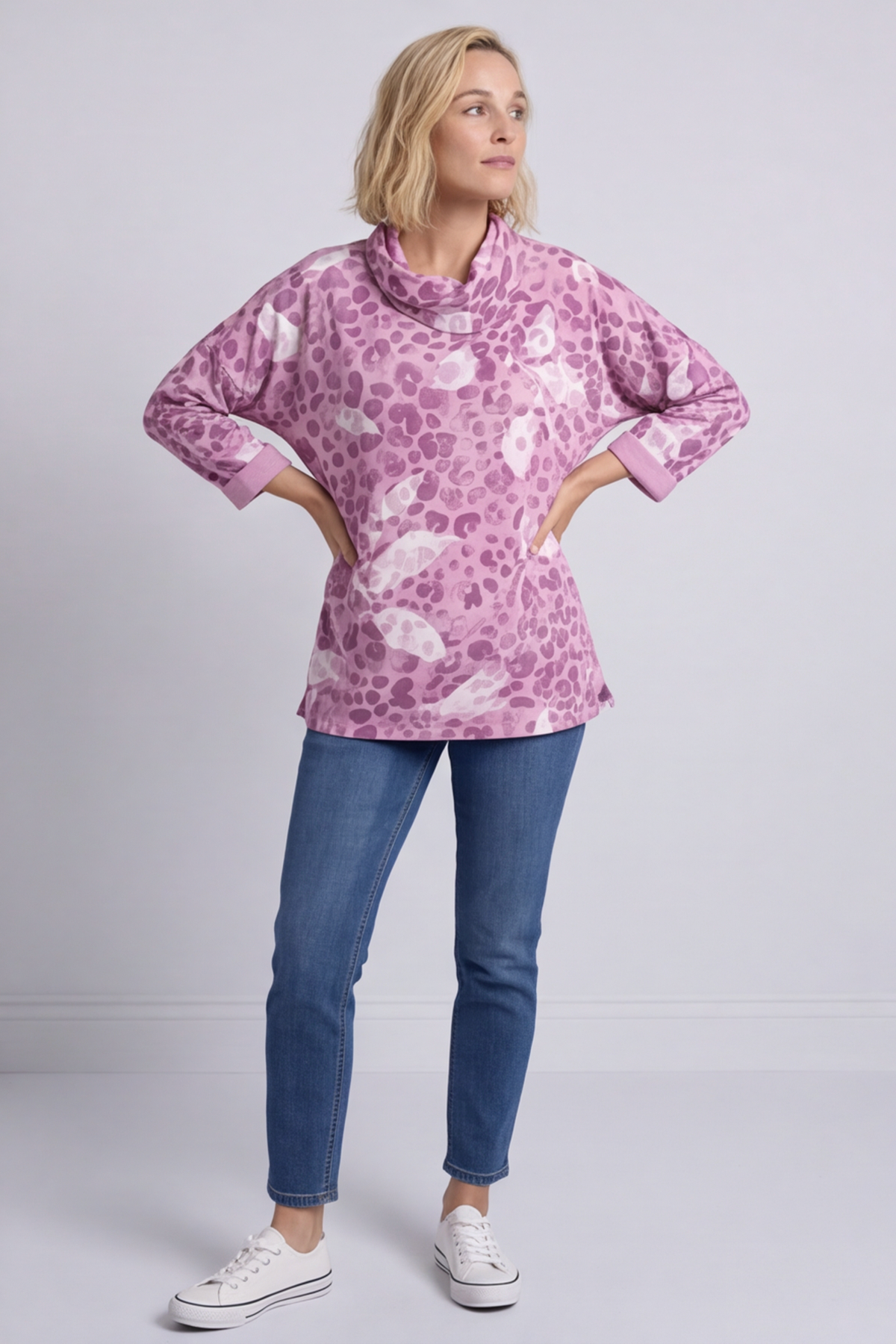 Beryl Print Cowl Neck Cotton Top Pink